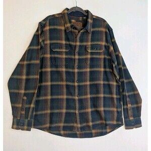 Orvis Heavy Flannel Shirt Jacket Shacket XL Blue Green Plaid Pockets Outdoor